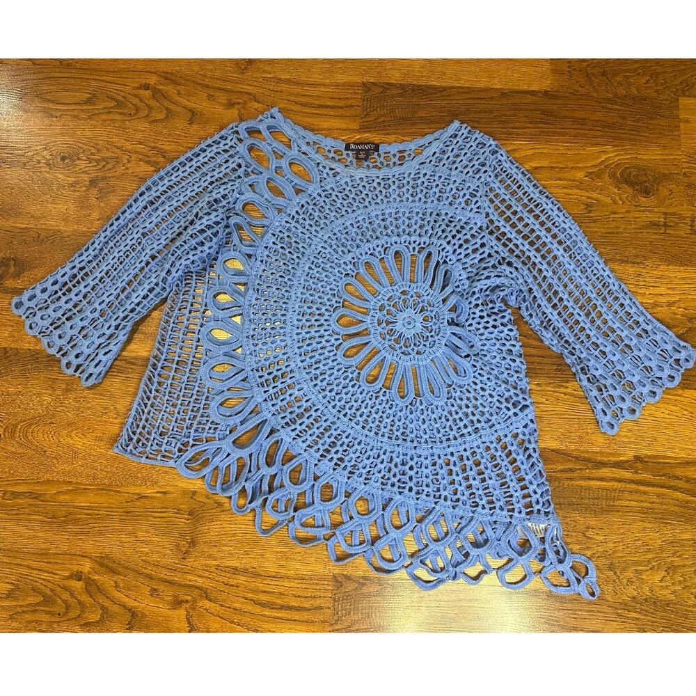 Roaman's Crochet Sunburst Sweater Women’s 14/16 Blue Asymmetrical Open Knit Boho